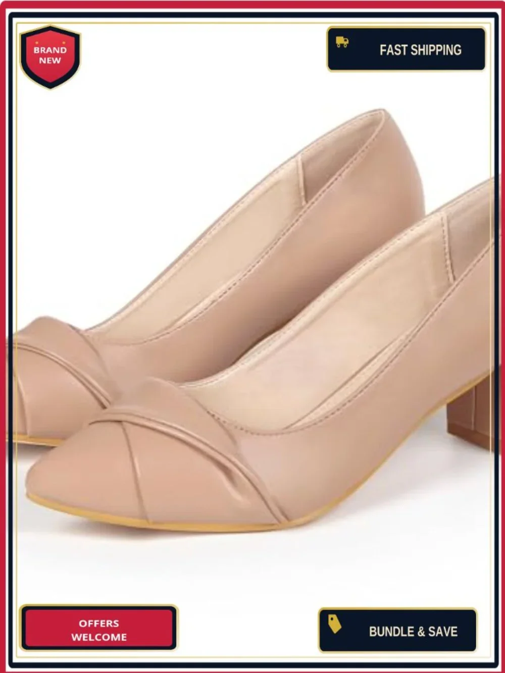 Chunky Heel Pointed Toe Slip On Pumps Faux Leather Work Shoes